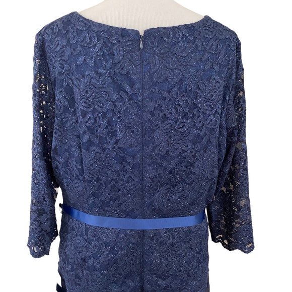 Alex Evenings Women's Navy Blue Lace & Striped Fit & Flare Tea Length Dress 18 - Picture 6 of 12